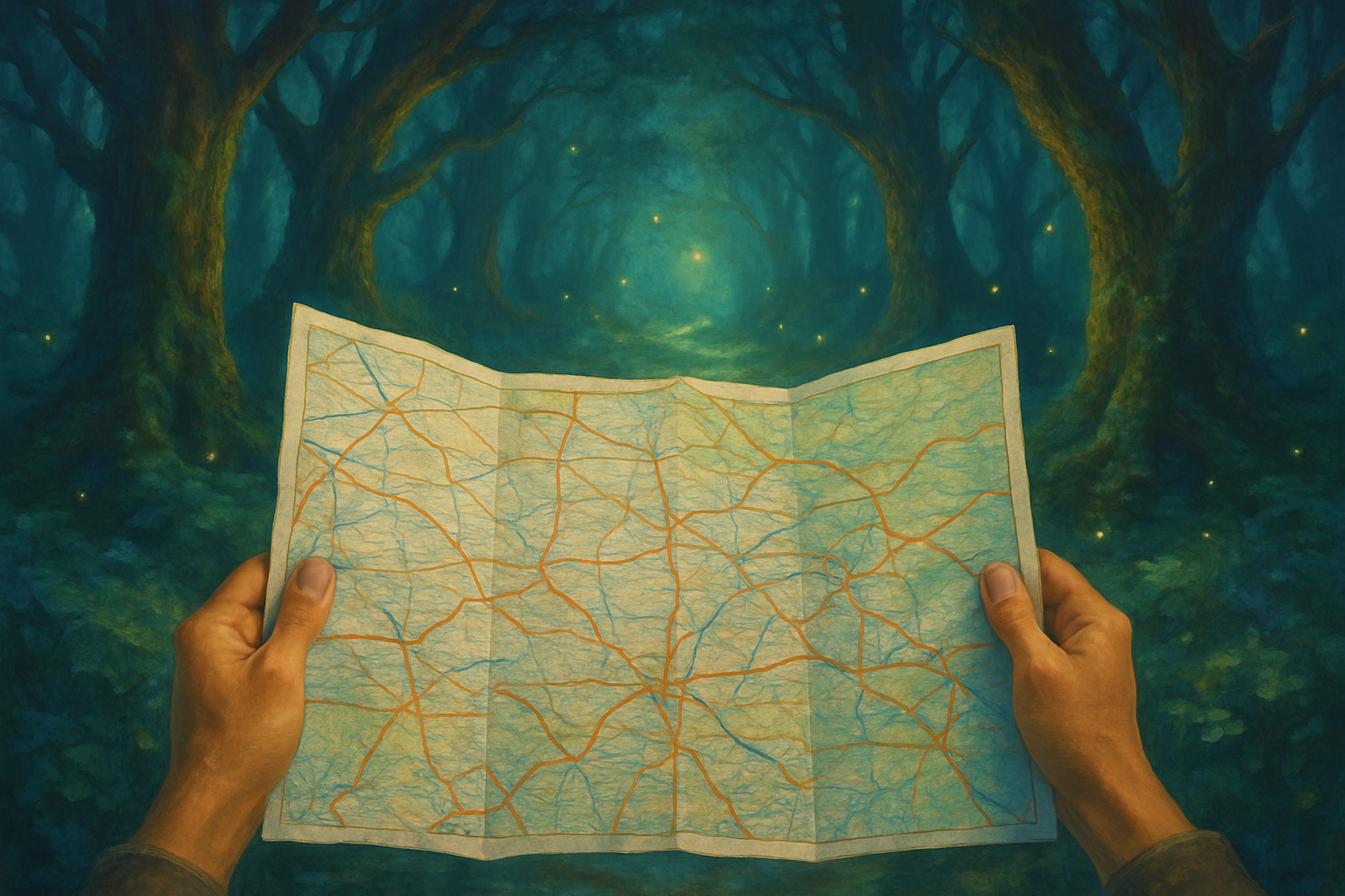The perspective of someone holding a map and looking into a forest, symbolizing the difficulty of finding one's way without direction.